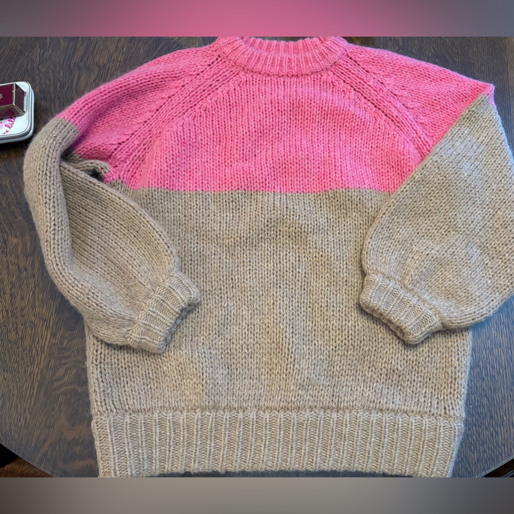 Demylee New York Sweater 💕 Pink Tan Color Block Wool Blend Large Boyfriend